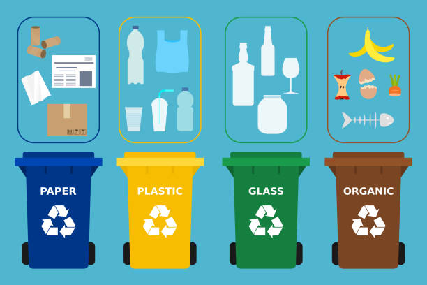 Segregate waste, sorting garbage, waste management.Blue background.Vector Flat style